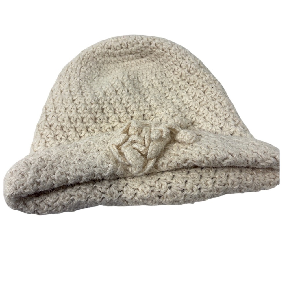 Handmade‎ Crochet Flower Beanie Kids Cream Off White Soft Knit Winter Hat